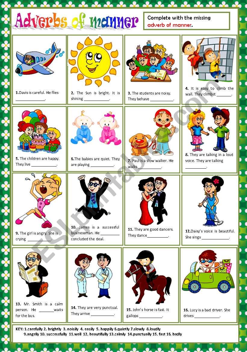 ADVERBS OF MANNER + KEY worksheet