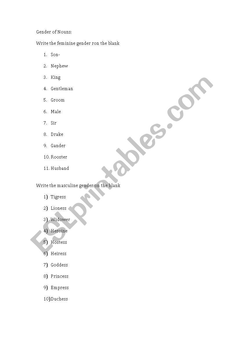 gender of nouns  worksheet