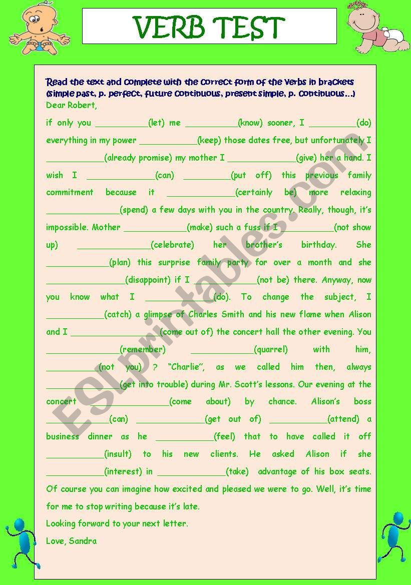 VERB TEST MIXED TENSES worksheet