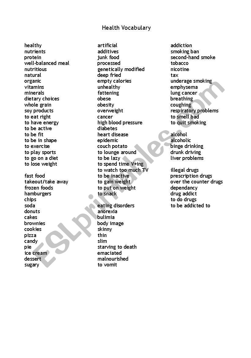 health vocabs worksheet