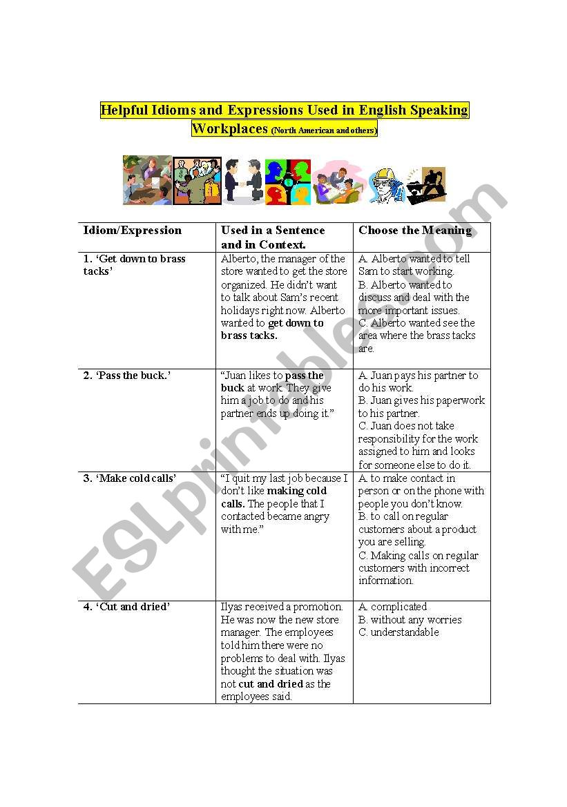 13 Helpful Idioms Used in English Speaking Workplaces - Select the Meaning with Answer Key