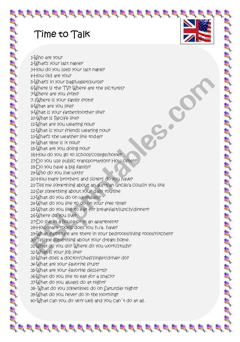 Time to Talk-40 Basic Questions for elementary students get to know each other