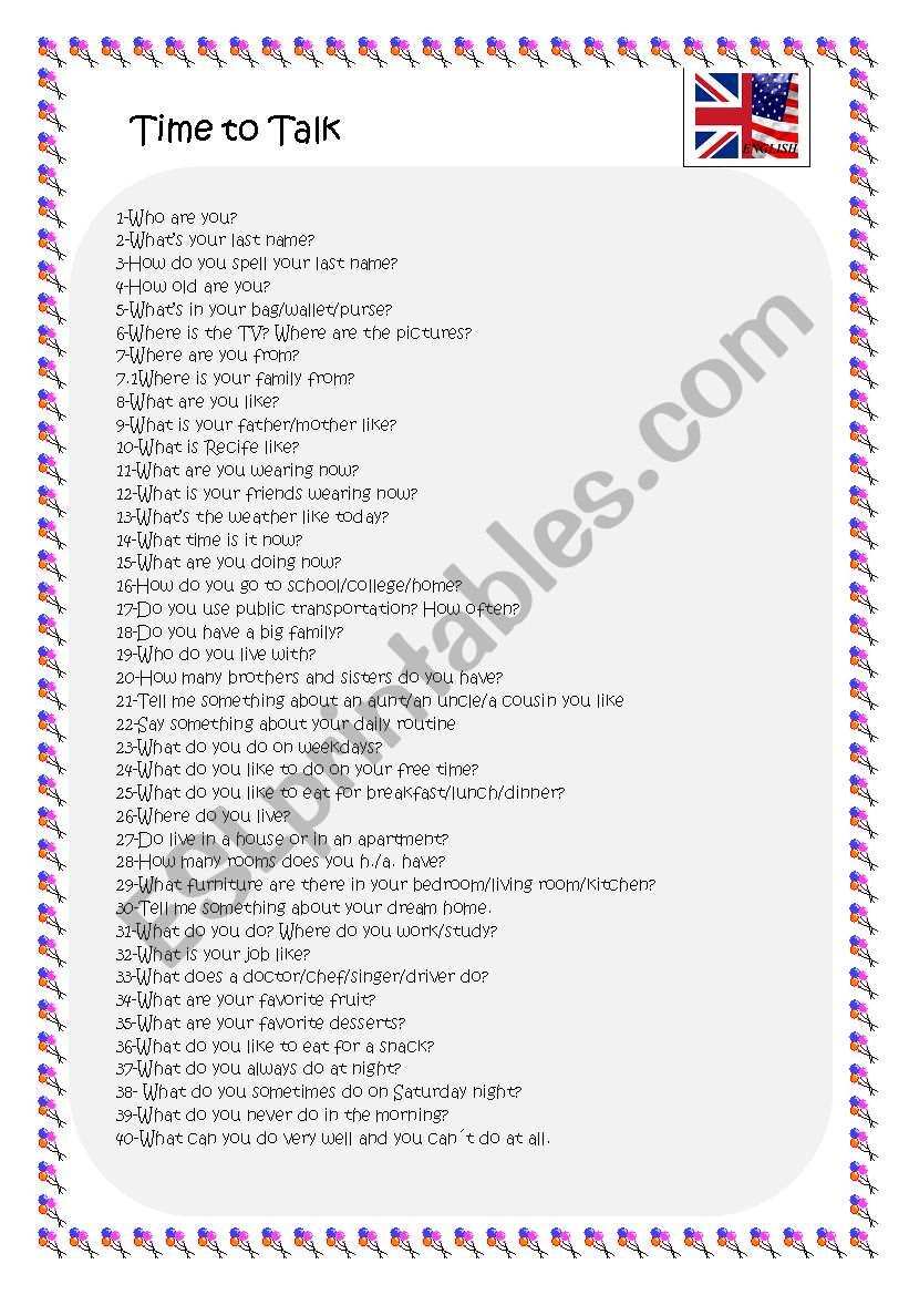 Time to talk 40 basic questions for elementary students get to know
