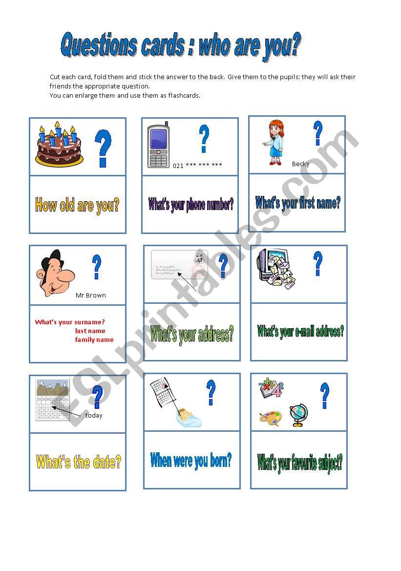 questions cards worksheet