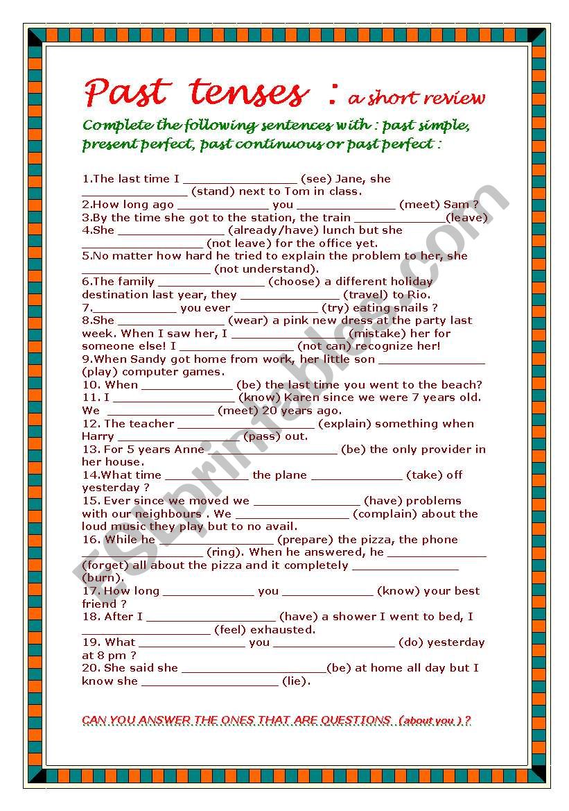 Past tenses review worksheet