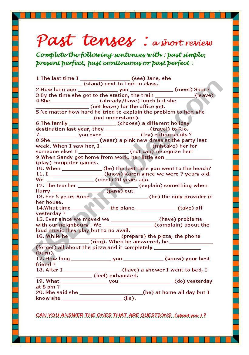 Past Tenses Review ESL Worksheet By Aliciapc