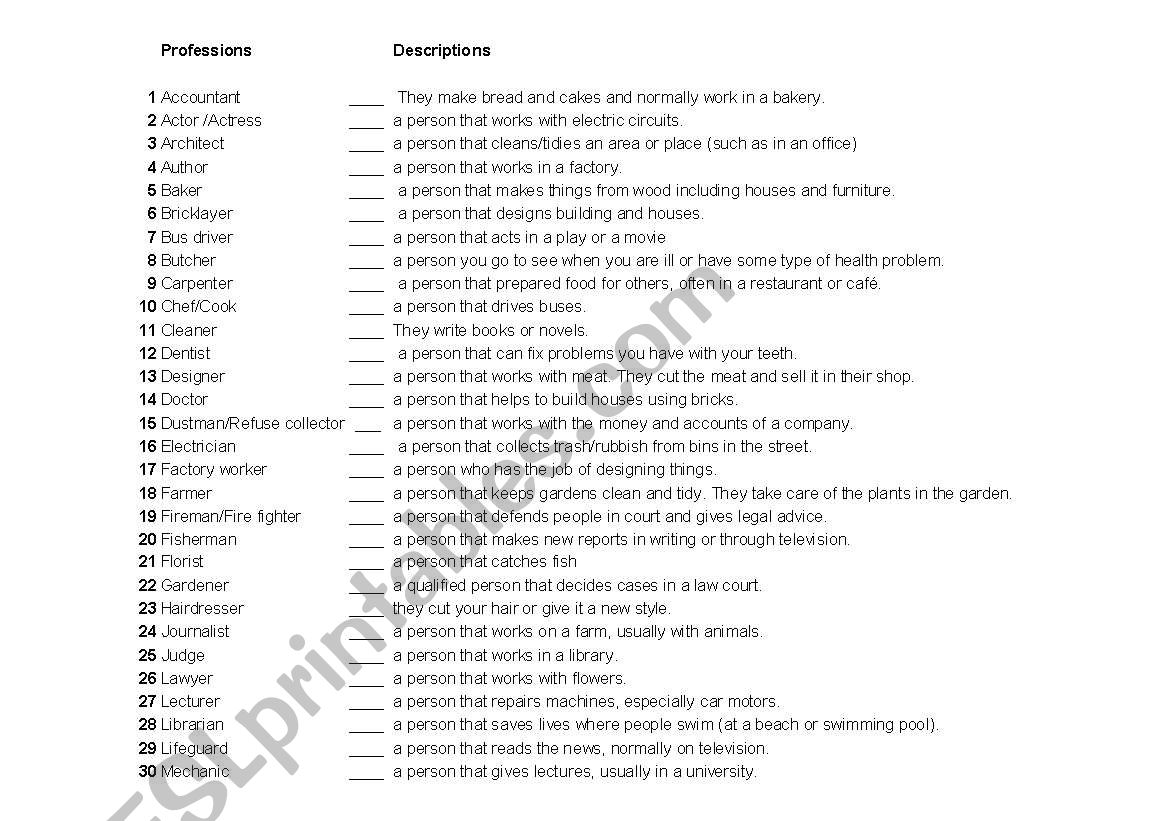 Professions list worksheet