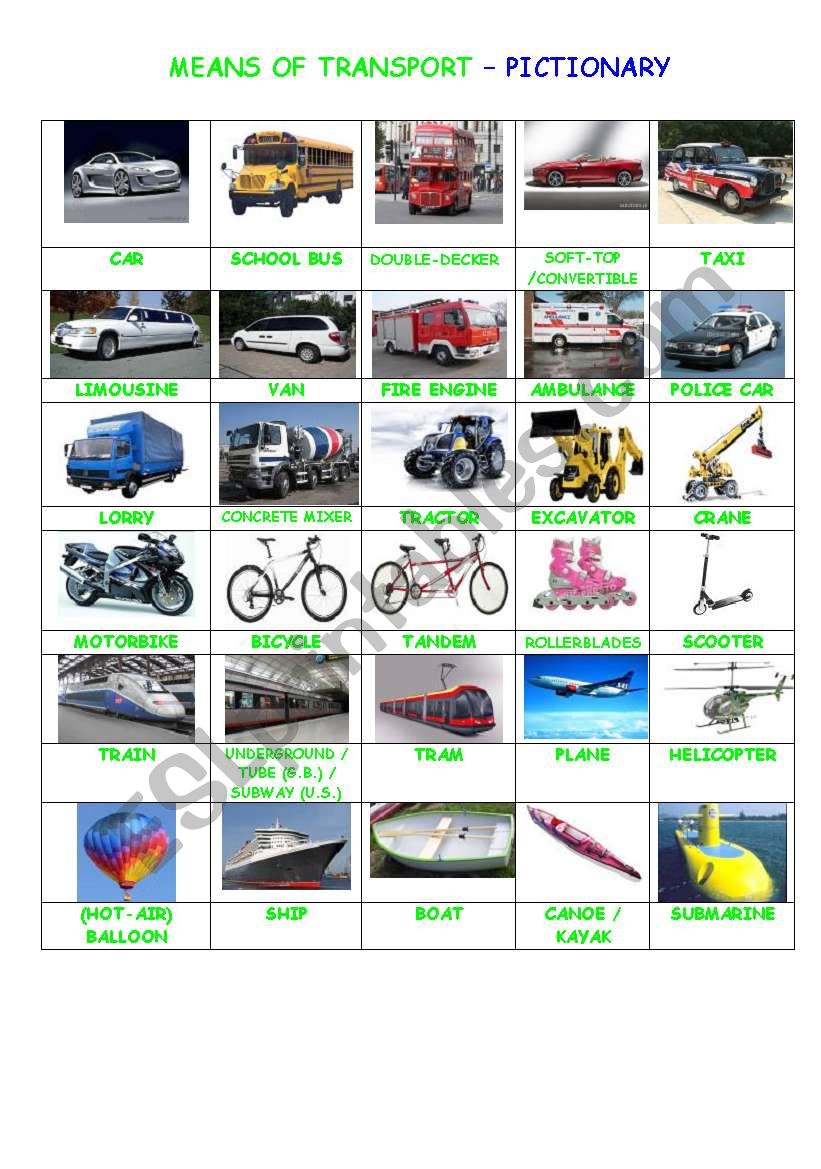 Means of transport worksheet