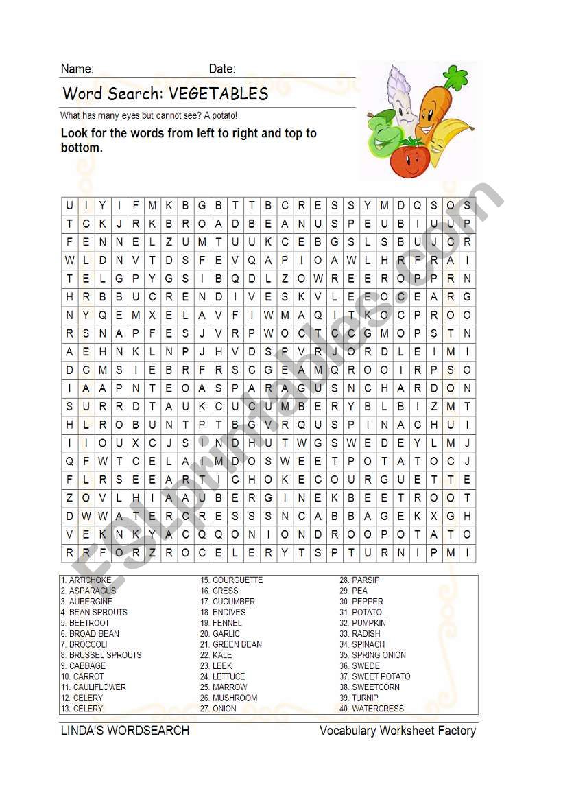 WORDSEARCH: VEGETABLES worksheet