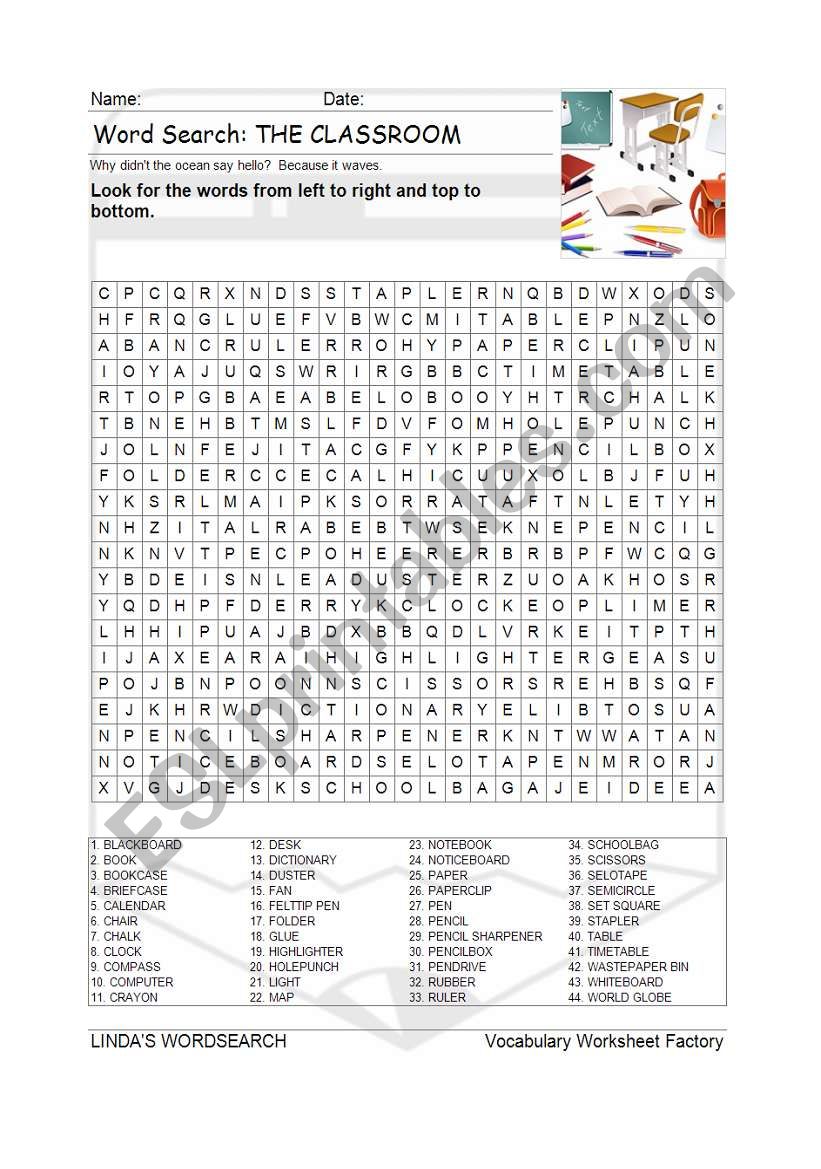 WORDSEARCH: THE CLASSROOM worksheet