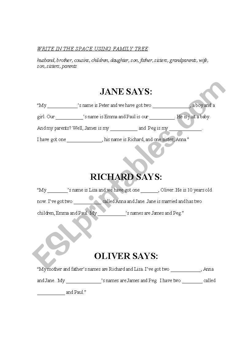 Family Tree worksheet worksheet