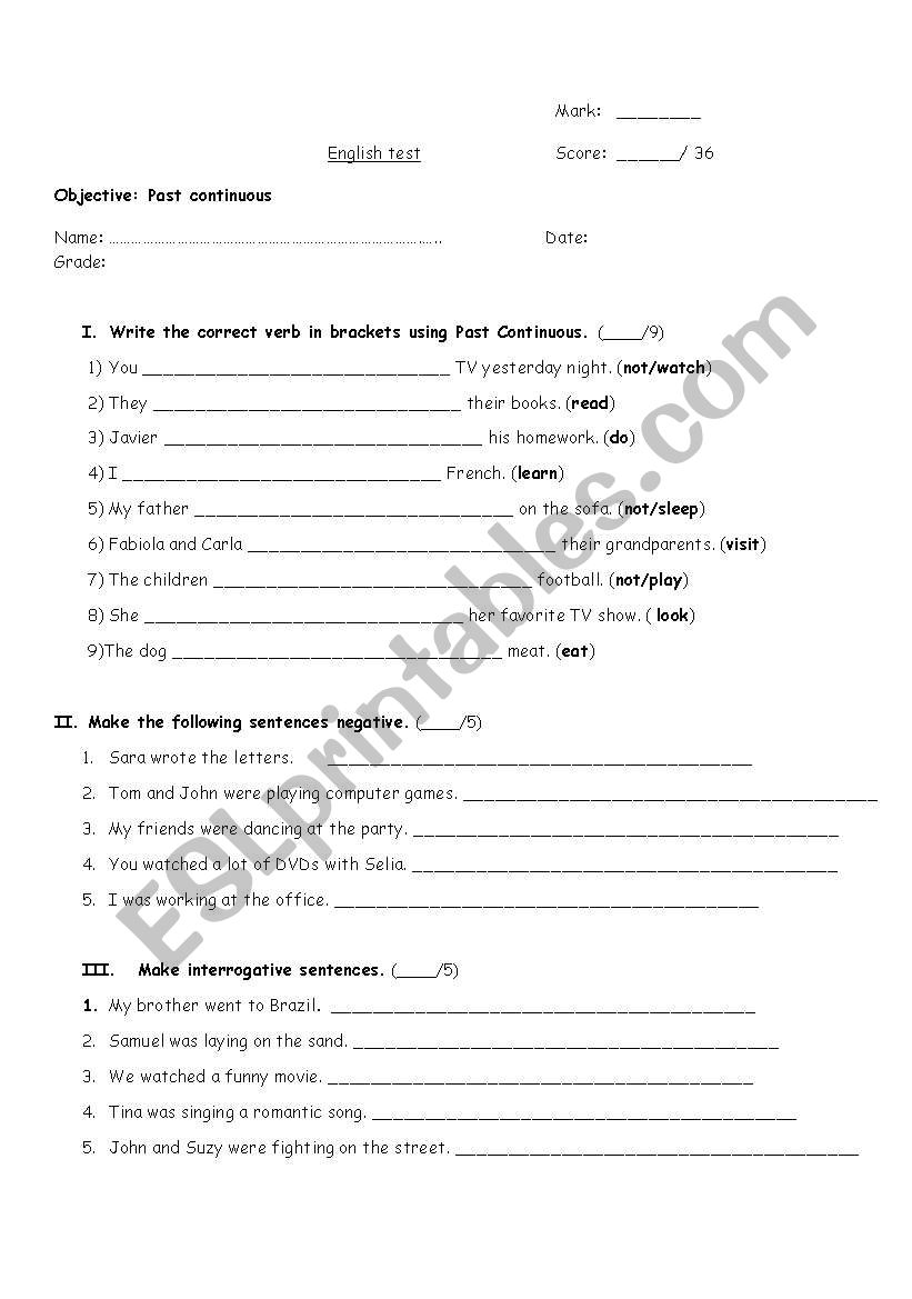 past continuous test worksheet