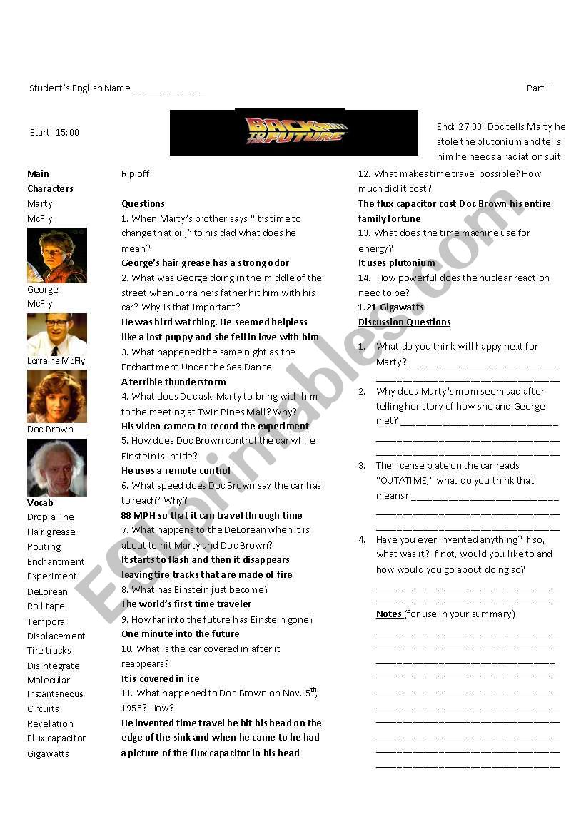 Back to the Future Part I: Worksheet 2 of 7