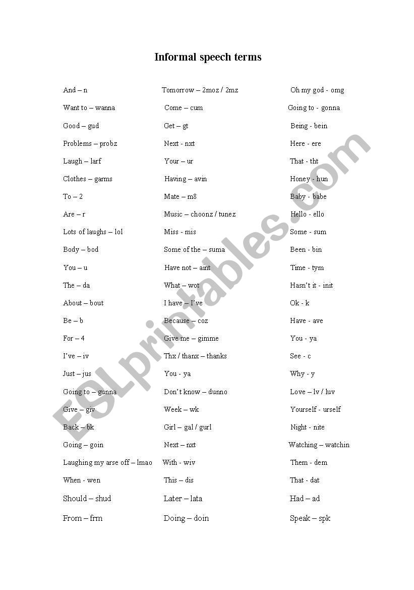English Informal speech term worksheet