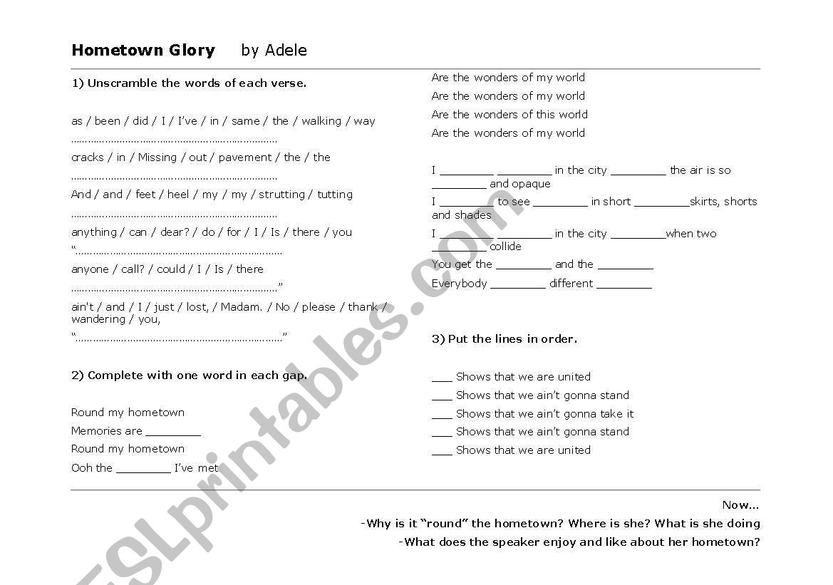 Hometown Glory by Adele worksheet