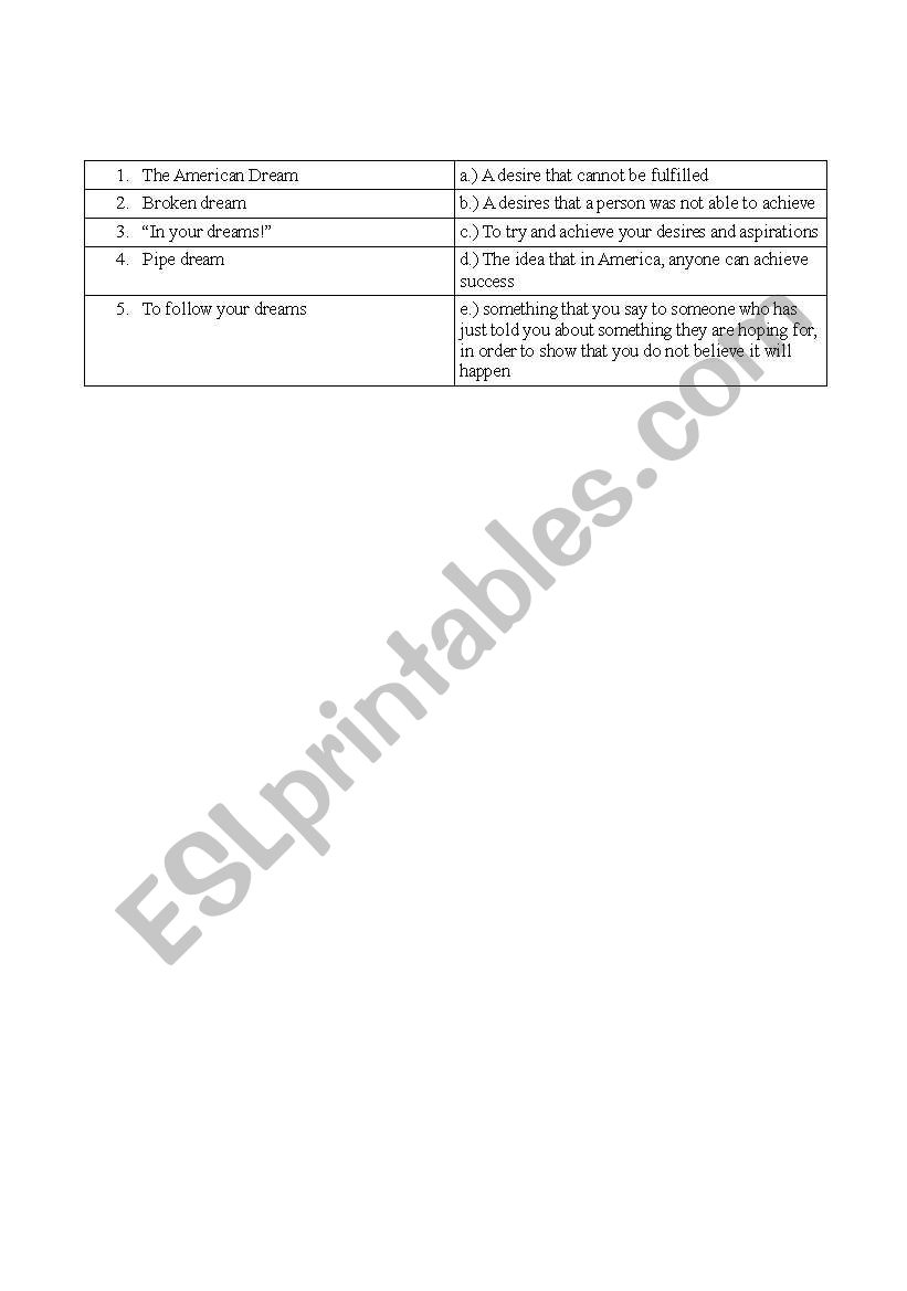 Dream idiom worksheet worksheet