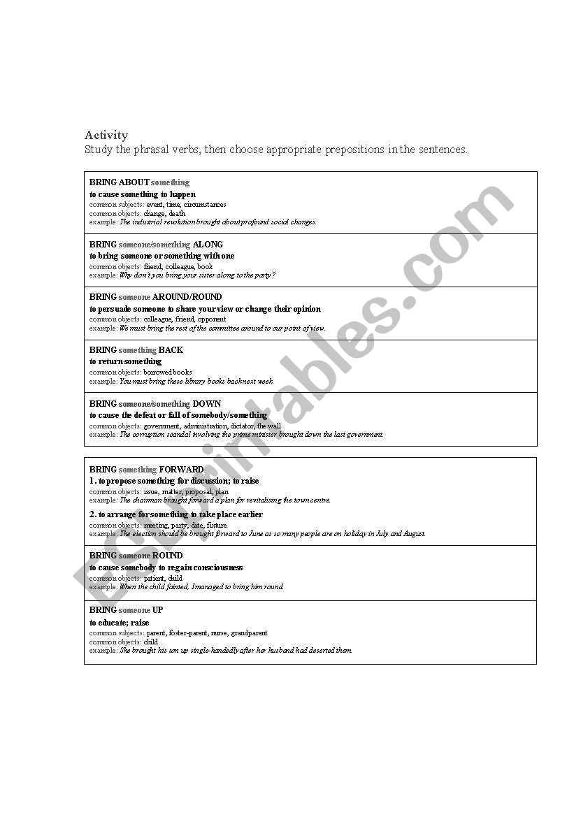 Phrasal Verbs with Bring worksheet