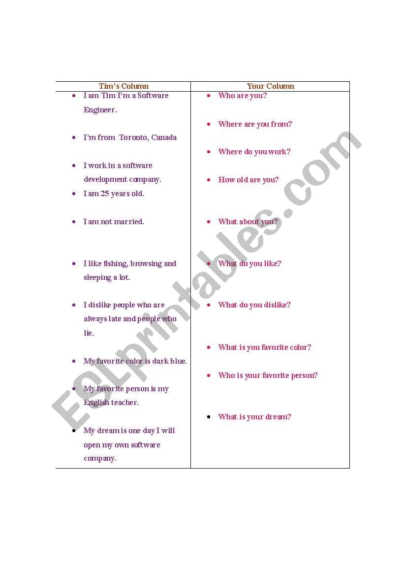 Introduce other and yourself worksheet