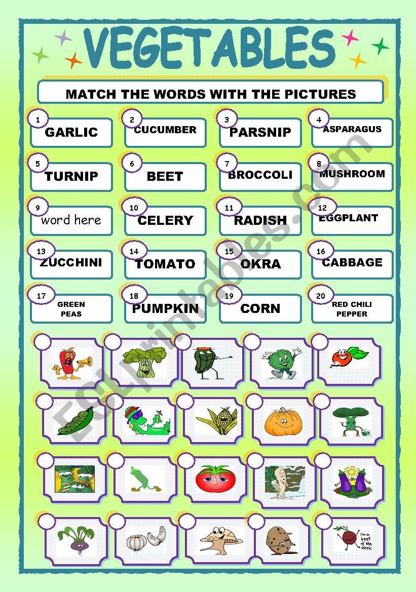 CARTOONS/VEGETABLES/MATCHING worksheet