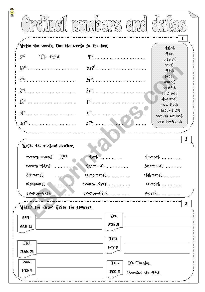 Ordinal numbers and dates worksheet