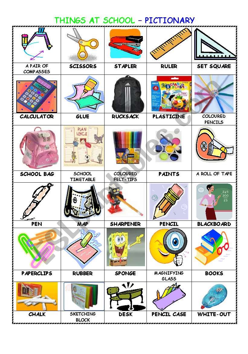 Things at school - pictionary worksheet