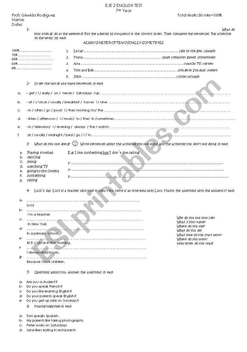 7th graders Grammar test worksheet