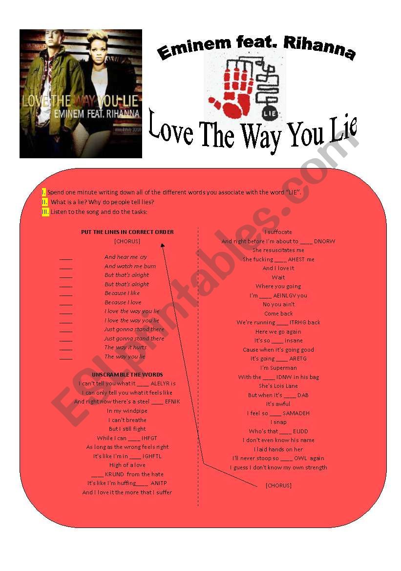 EMINEM feat. RIHANNA love the way you lie song-based activity (+answer key)