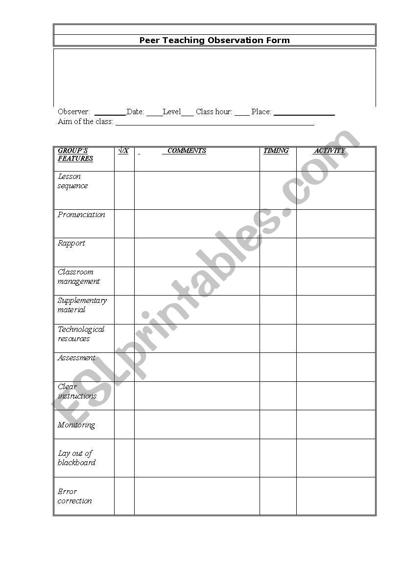 peer observation format worksheet