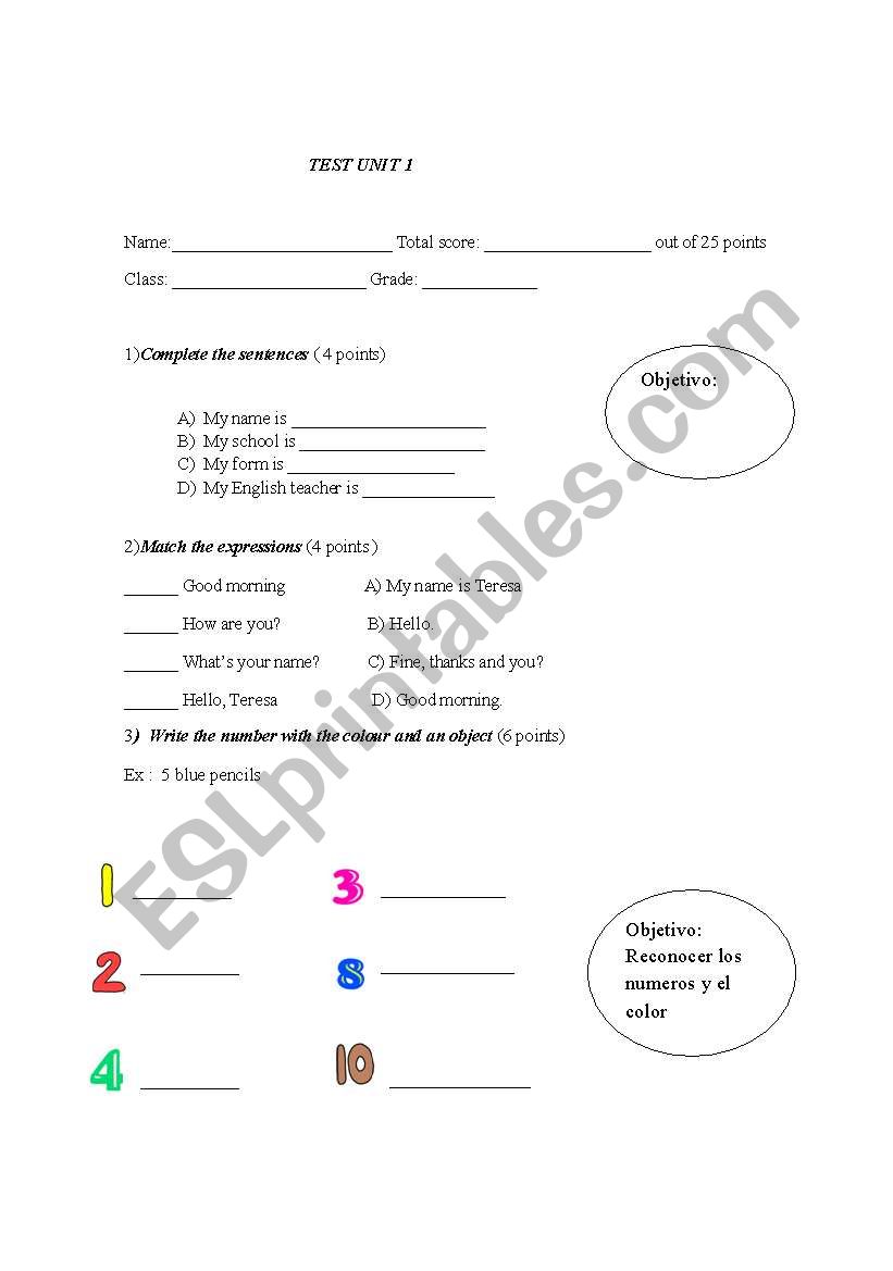 Test of Classroom Instructions , numbers , colours and objects of school