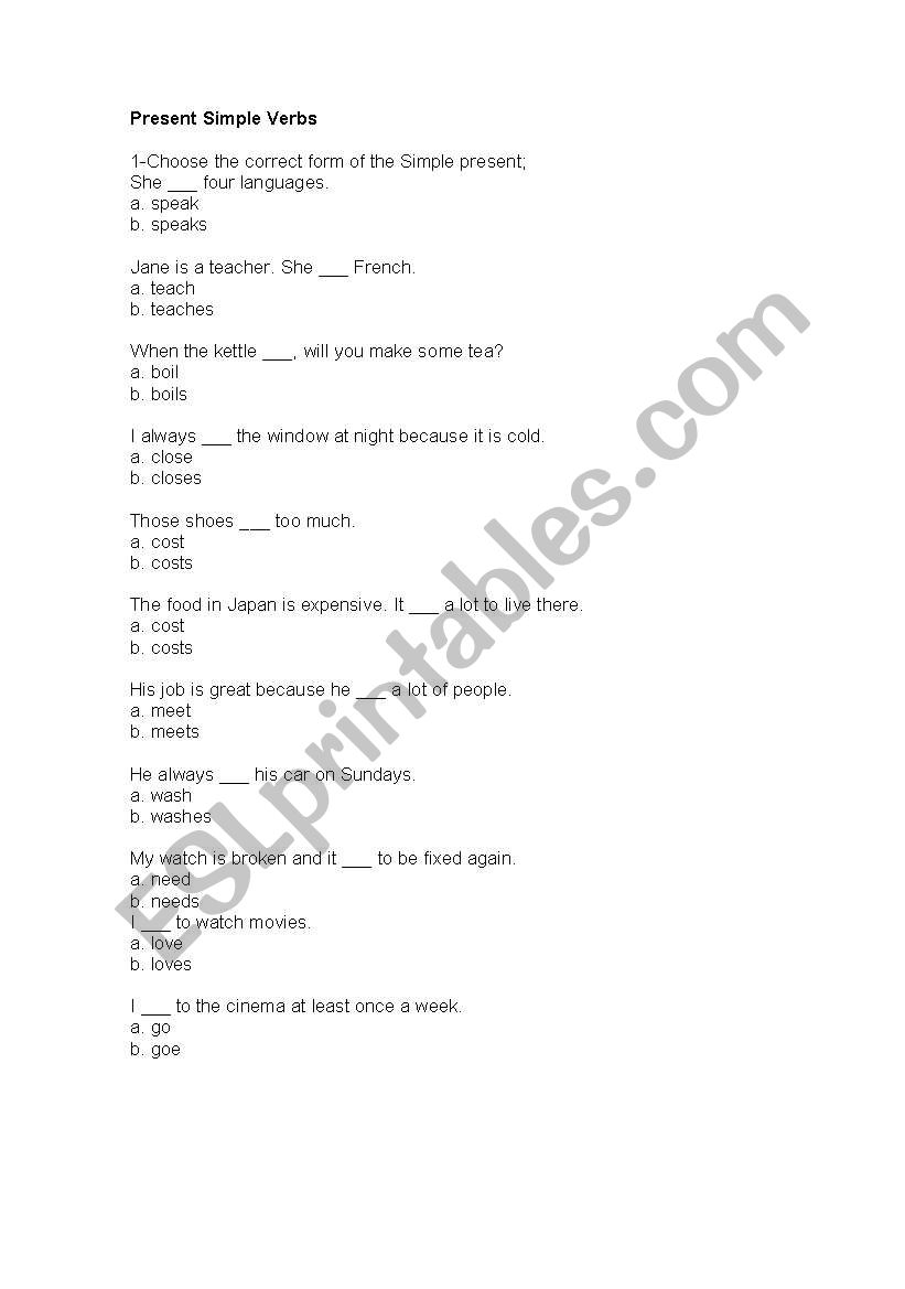simple present -quiz worksheet