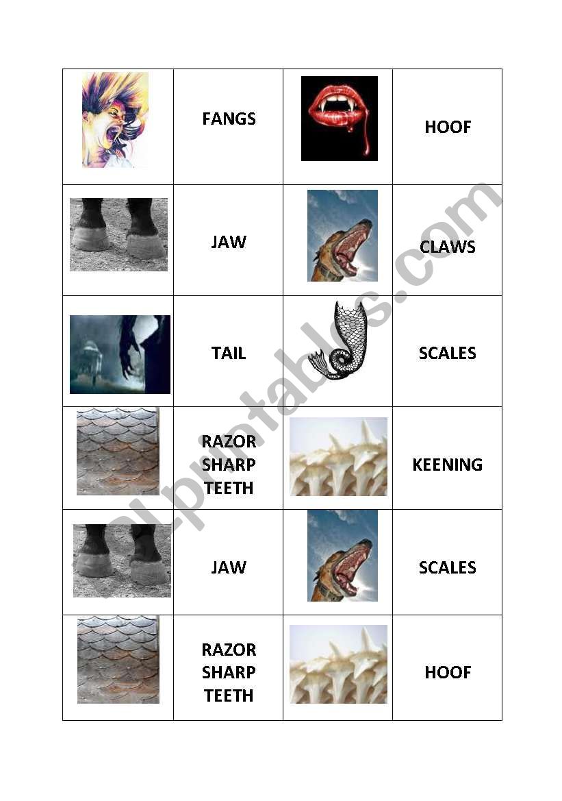 Creature vocab dominoes worksheet