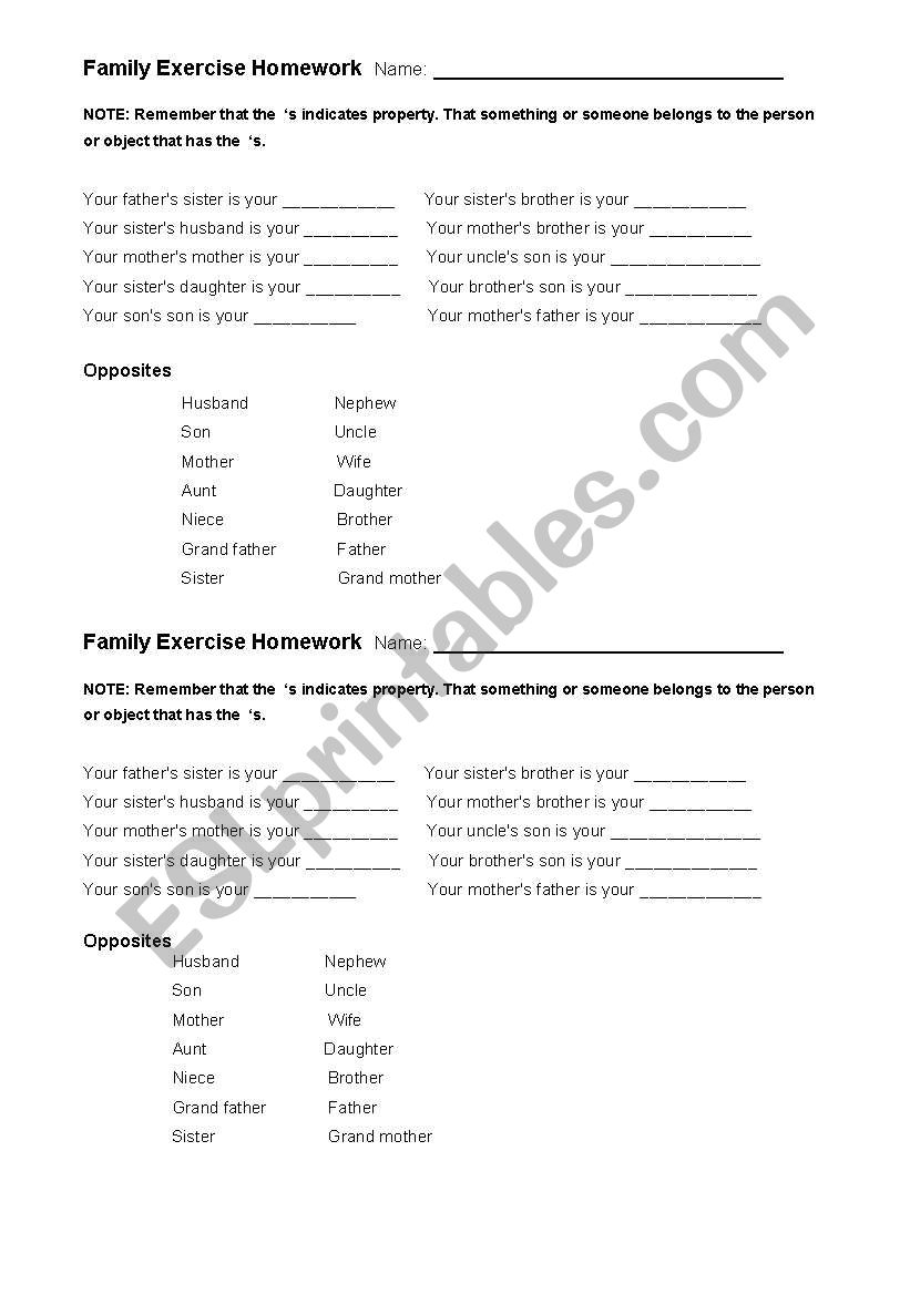 Family Exercise worksheet