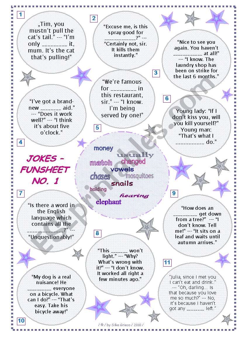 JOKES â€¢ FUNSHEET NO. 1 â€¢ BLACK & WHITE VERSION AND ANSWER KEY INCLUDED â€¢ FULLY EDITABLE â€¢ GOOD FOR ADULTS, TOO!!