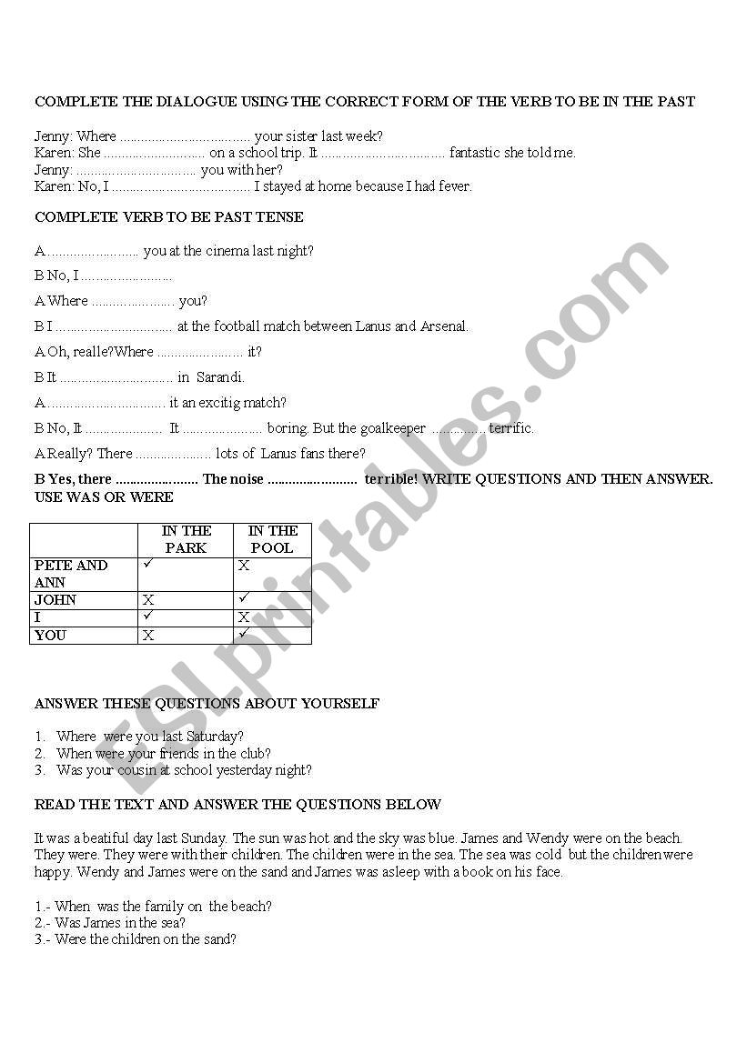 VERB TO BE PAST TENSE worksheet