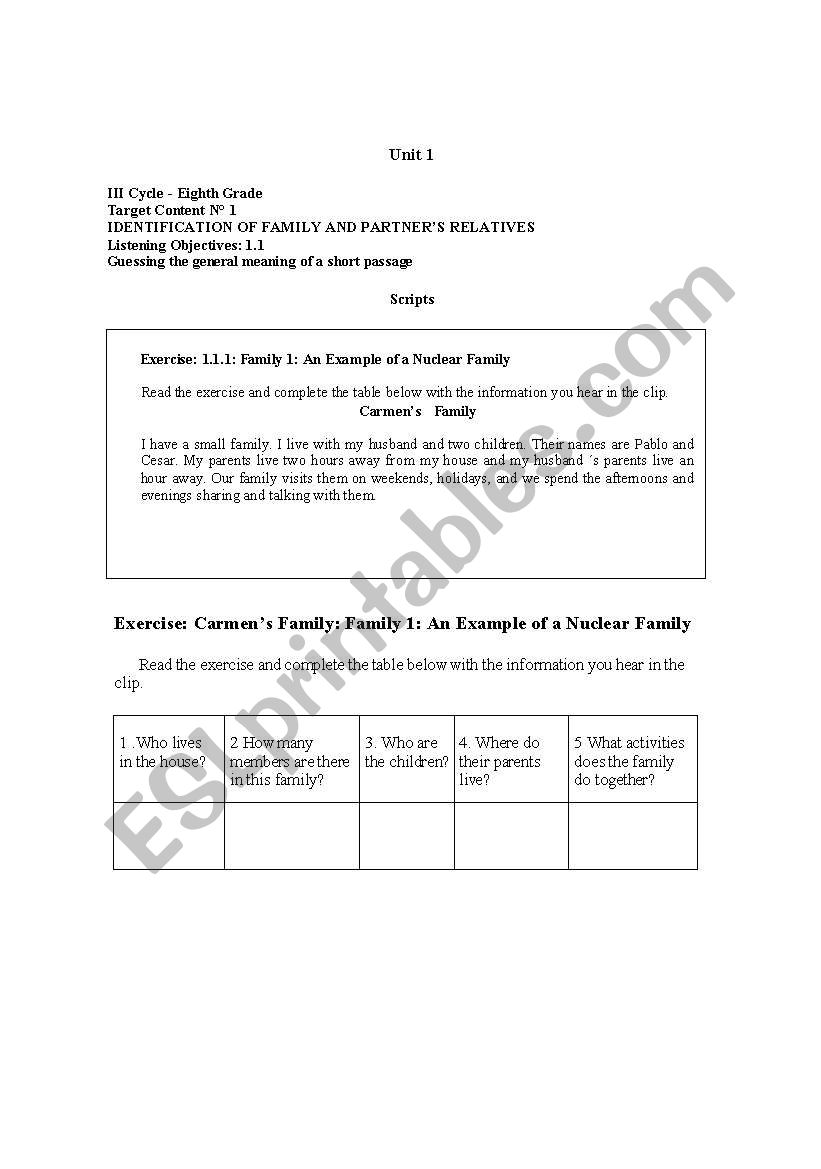 Family Listening Exercise worksheet