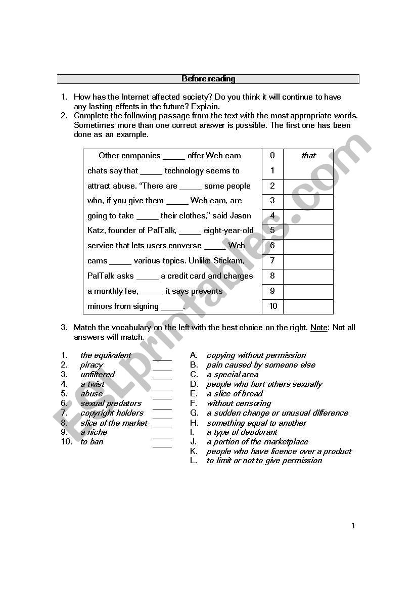 Advanced Reading Assignment worksheet