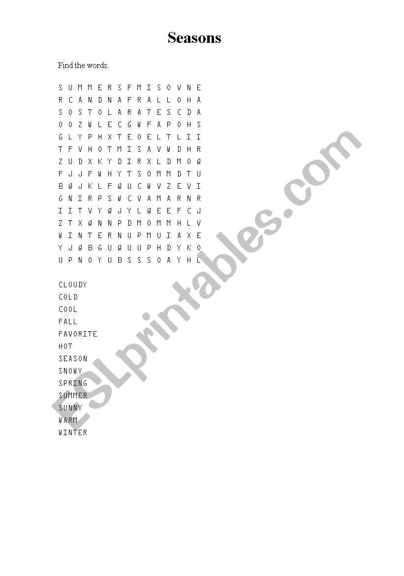 Seasons word search worksheet