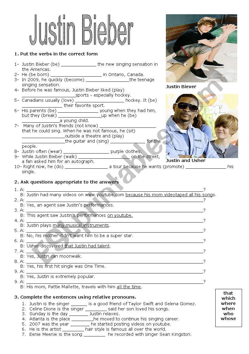 Justin Bieber worksheet