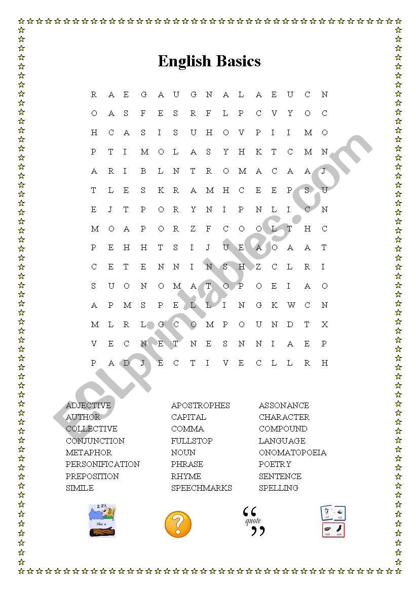 English Basics Wordsearch and Cryptogram 