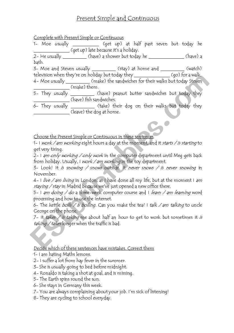 Present Simple and Continuous worksheet