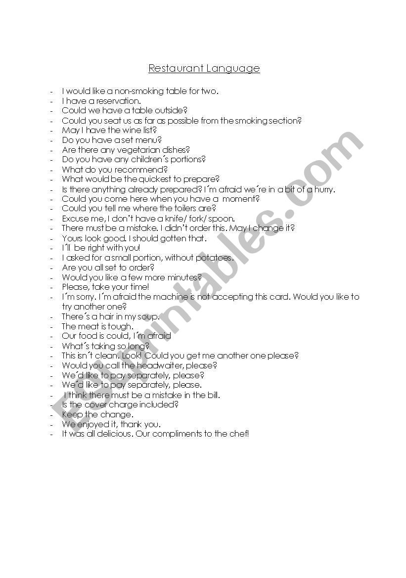 Restaurant language worksheet