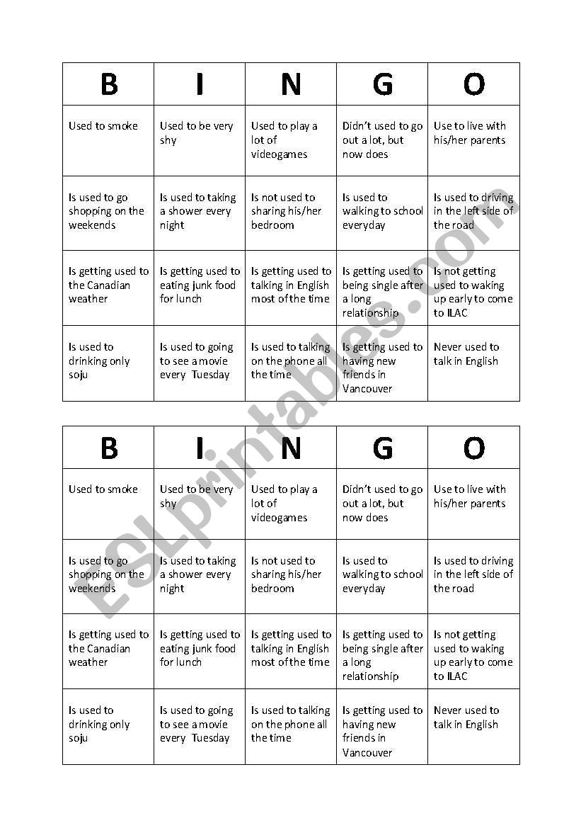 Used to BINGO worksheet