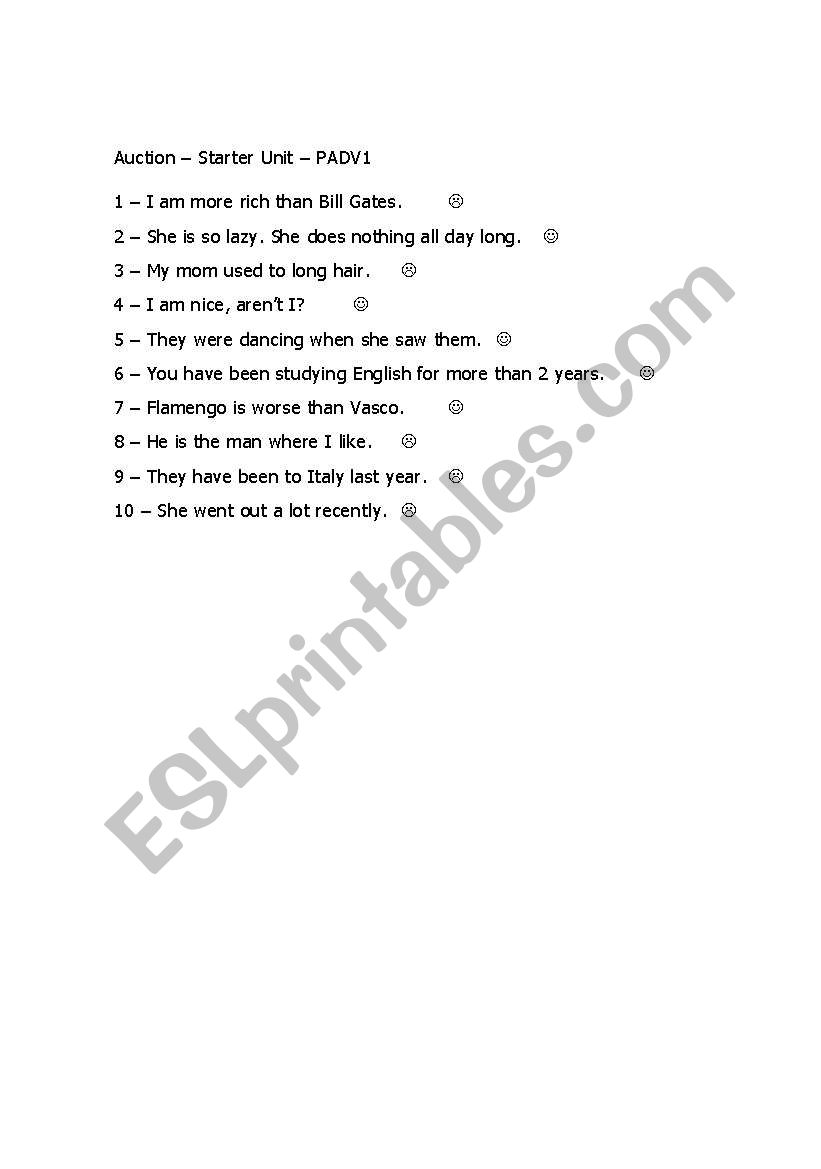 Sentences Auction worksheet