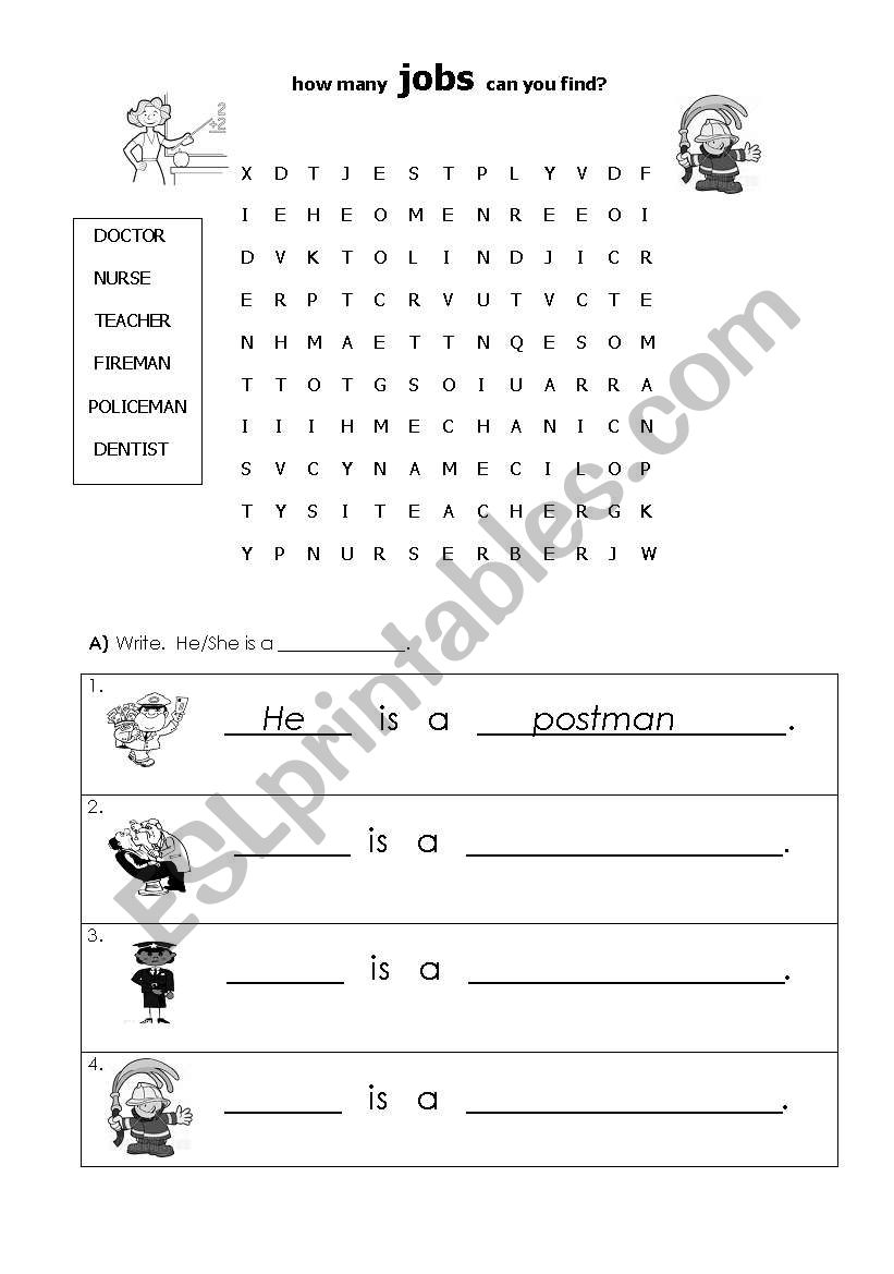 Jobs wordsearch and pronouns activity