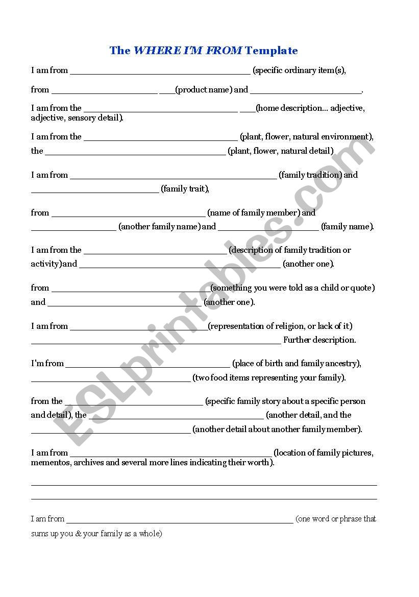 Where Im From Poem--Template worksheet
