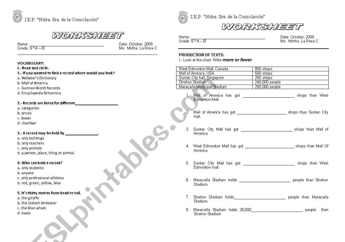 WORLD RECORDS worksheet