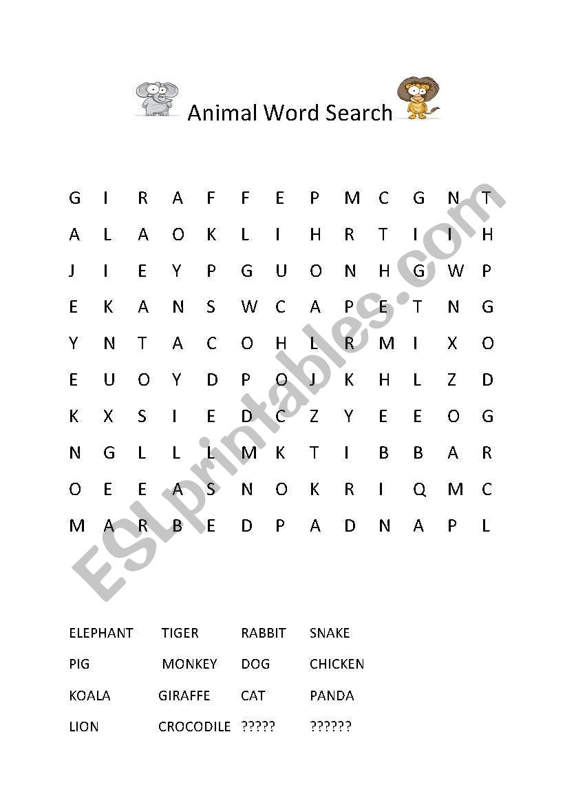 Animal Word Search worksheet