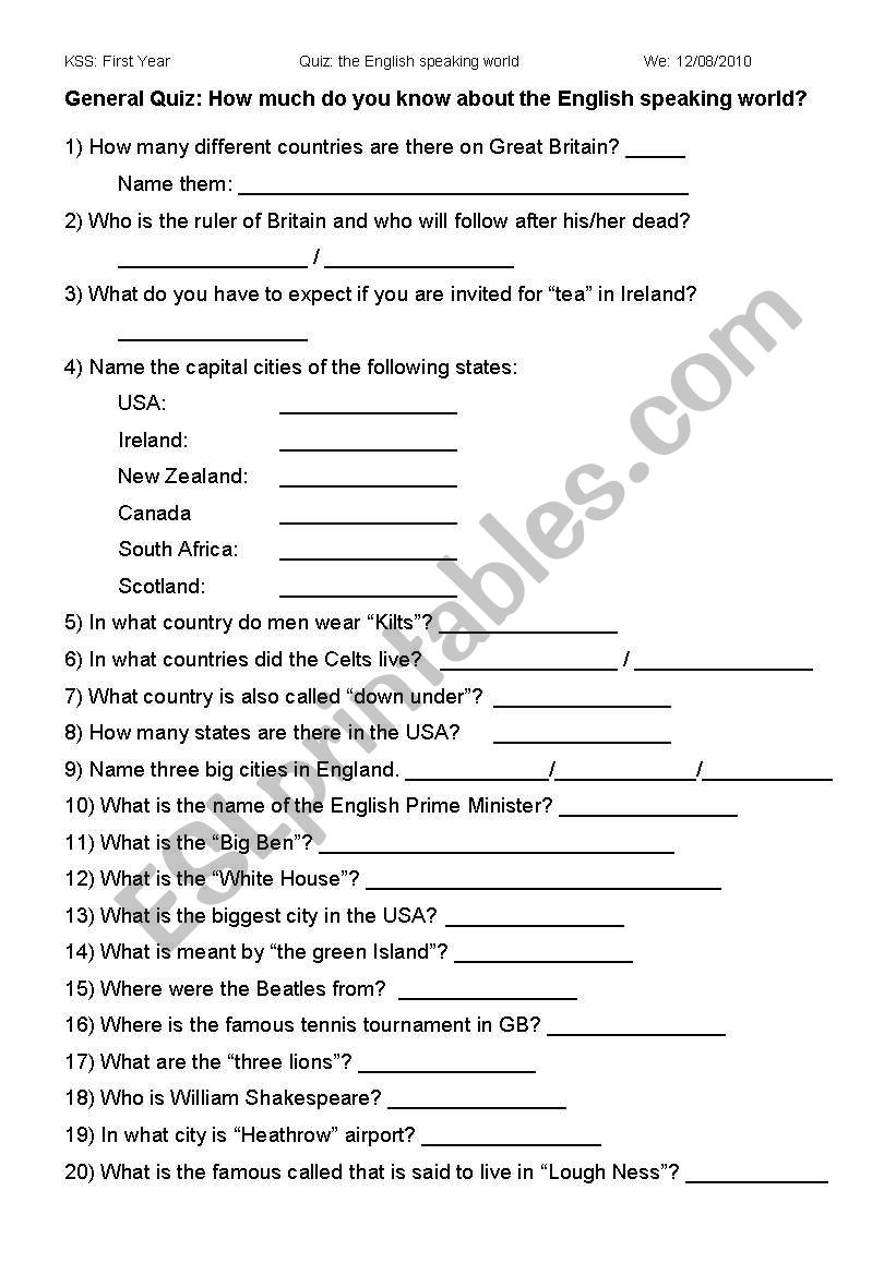 A little quiz about English worksheet