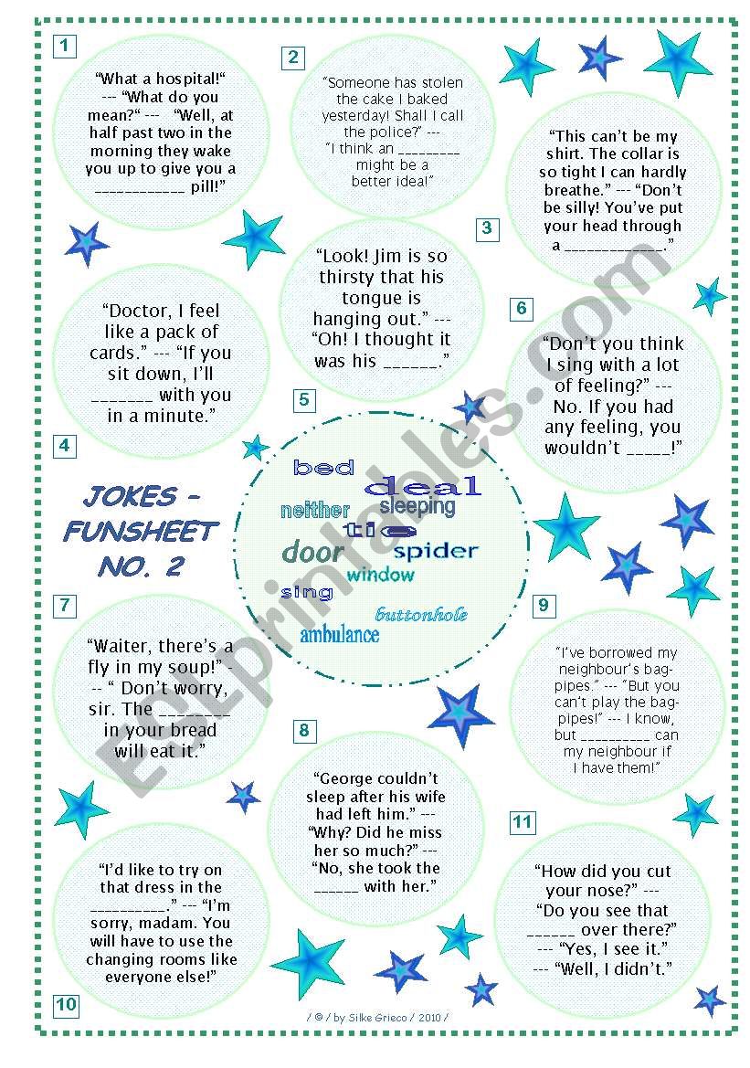 JOKES â€¢ FUNSHEET NO. 2 â€¢ BLACK & WHITE VERSION AND ANSWER KEY INCLUDED â€¢ FULLY EDITABLE â€¢ GOOD FOR ADULTS, TOO!!