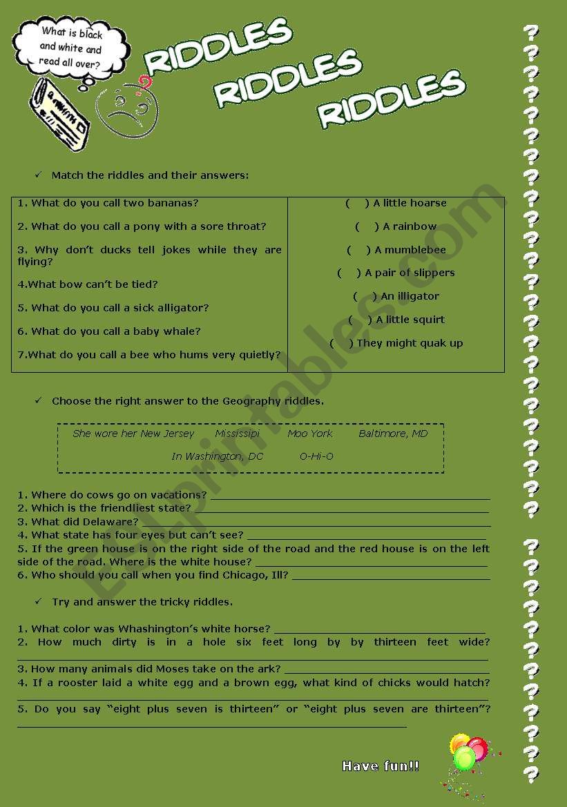 Fun with riddles worksheet